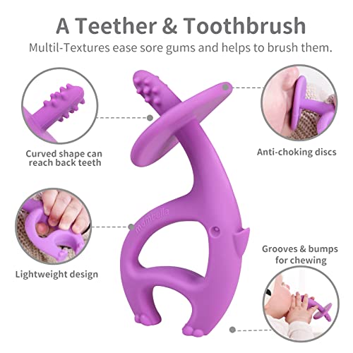 Mombella Baby Teething Toys for Babies 3 6 12 Months with Attachment to Clip on, Soft Silicone Teether Toys, 2 in 1 Elephant Teethers & Pre-Training Toothbrush, 9 Month Old Infant Chew Toys, Purple