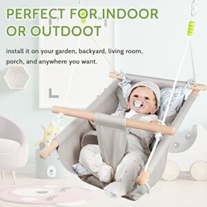 Baby Swing Hammock Infant Wooden Swing with Soft Cushion, Indoor & Outdoor Toddler Secure Hanging Swing Chair for Playground, Tree or Backyard, Green Leaf