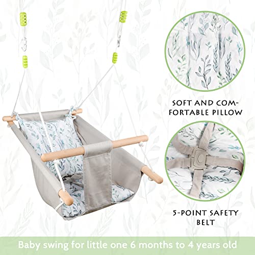 Baby Swing Hammock Infant Wooden Swing with Soft Cushion, Indoor & Outdoor Toddler Secure Hanging Swing Chair for Playground, Tree or Backyard, Green Leaf