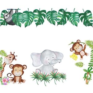 imagitek watercolor baby safari animals wall decals, jungle monkey giraffe elephant wall stickers with palm leaf for baby nursery kids room decor toddler bedroom art