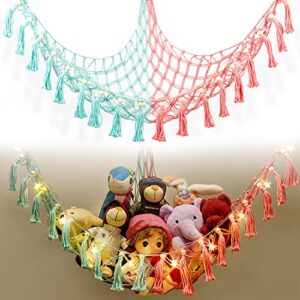 stuffed animal net or hammock with led light, hanging corner storage net for wall, toy net hammock stuffed animals holder with woven tassels for nursery play room kids bedroom decor