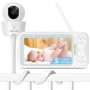 yonvim baby monitor 5" 1080p hd video baby monitor with camera and audio 5000mah battery night vision no wifi 2-way talk 1000ft long range remote pan tilt 4x zoom with 2 mounts