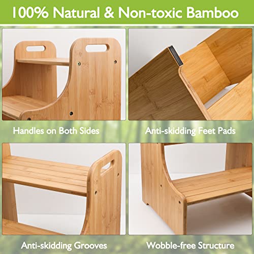 Purbambo Bamboo Step Stool for Toddlers, Kids Stepping Stool with Handles for Potty Training, Bathroom Sink, Kitchen Counter, Bedroom