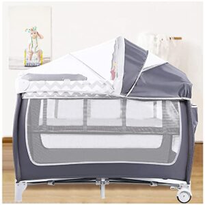 soqte foldable luxury nursery baby center, multi functional movable bed with removable diaper table, bed net, lovely toys, storage bag, portable travel crib with wheels
