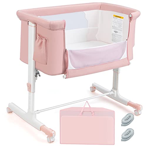 HONEY JOY Baby Bassinet Bedside Sleeper, 3-in-1 Easy Folding Portable Crib for Baby with Wheels, 5 Adjustable Heights, Easy to Assemble Bed to Bed, Mattress & Carry Bag for Infant Newborn (Pink)