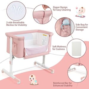 HONEY JOY Baby Bassinet Bedside Sleeper, 3-in-1 Easy Folding Portable Crib for Baby with Wheels, 5 Adjustable Heights, Easy to Assemble Bed to Bed, Mattress & Carry Bag for Infant Newborn (Pink)