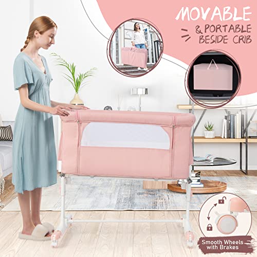 HONEY JOY Baby Bassinet Bedside Sleeper, 3-in-1 Easy Folding Portable Crib for Baby with Wheels, 5 Adjustable Heights, Easy to Assemble Bed to Bed, Mattress & Carry Bag for Infant Newborn (Pink)