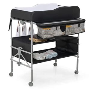 honey joy portable baby changing table, 3-tier foldable changing station w/wheels for infant, waterproof diaper changing pad, 4 adjustable heights, side storage basket for newborn essentials (black)