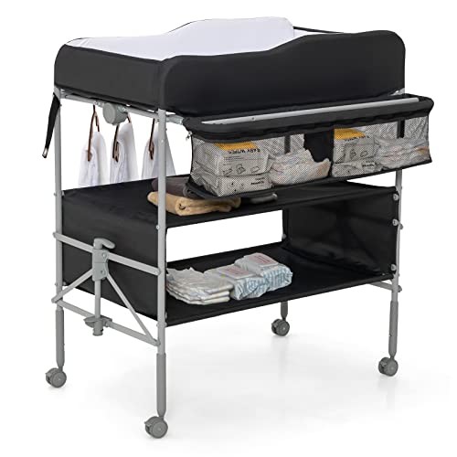 HONEY JOY Portable Baby Changing Table, 3-Tier Foldable Changing Station w/Wheels for Infant, Waterproof Diaper Changing Pad, 4 Adjustable Heights, Side Storage Basket for Newborn Essentials (Black)