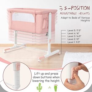 HONEY JOY Baby Bassinet Bedside Sleeper, 3-in-1 Easy Folding Portable Crib for Baby with Wheels, 5 Adjustable Heights, Easy to Assemble Bed to Bed, Mattress & Carry Bag for Infant Newborn (Pink)