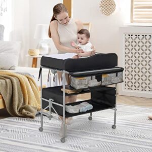 HONEY JOY Portable Baby Changing Table, 3-Tier Foldable Changing Station w/Wheels for Infant, Waterproof Diaper Changing Pad, 4 Adjustable Heights, Side Storage Basket for Newborn Essentials (Black)