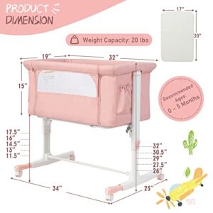 HONEY JOY Baby Bassinet Bedside Sleeper, 3-in-1 Easy Folding Portable Crib for Baby with Wheels, 5 Adjustable Heights, Easy to Assemble Bed to Bed, Mattress & Carry Bag for Infant Newborn (Pink)