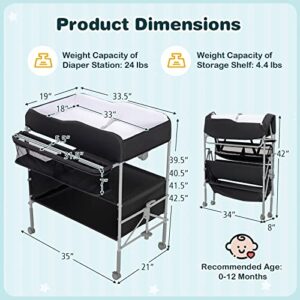 HONEY JOY Portable Baby Changing Table, 3-Tier Foldable Changing Station w/Wheels for Infant, Waterproof Diaper Changing Pad, 4 Adjustable Heights, Side Storage Basket for Newborn Essentials (Black)