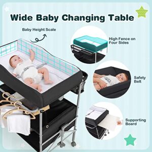 HONEY JOY Portable Baby Changing Table, 3-Tier Foldable Changing Station w/Wheels for Infant, Waterproof Diaper Changing Pad, 4 Adjustable Heights, Side Storage Basket for Newborn Essentials (Black)