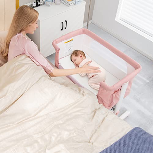 HONEY JOY Baby Bassinet Bedside Sleeper, 3-in-1 Easy Folding Portable Crib for Baby with Wheels, 5 Adjustable Heights, Easy to Assemble Bed to Bed, Mattress & Carry Bag for Infant Newborn (Pink)