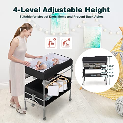 HONEY JOY Portable Baby Changing Table, 3-Tier Foldable Changing Station w/Wheels for Infant, Waterproof Diaper Changing Pad, 4 Adjustable Heights, Side Storage Basket for Newborn Essentials (Black)