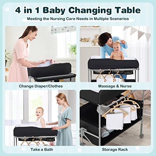 HONEY JOY Portable Baby Changing Table, 3-Tier Foldable Changing Station w/Wheels for Infant, Waterproof Diaper Changing Pad, 4 Adjustable Heights, Side Storage Basket for Newborn Essentials (Black)