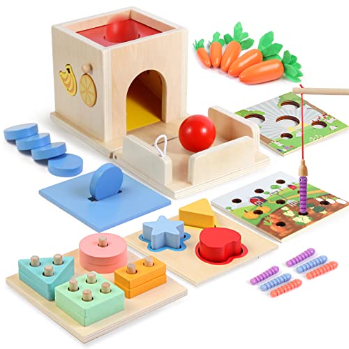 Asweets 8 in 1 Montessori Toys for 1 Year Old Includes Object Permanence Box，Montessori Coin Box，Carrot Harvest Game，Matchstick Color Drop Game，Ball Drop Learning Toys for 6-12 Months