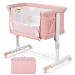 glacer 3 in 1 baby bassinet, portable bedside sleeper w/ cradle mode, removable mattress, adjustable height, storage pockets & lockable wheels, newborn infant travel crib bed w/ carry bag, pink