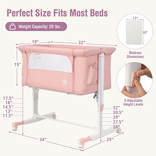 GLACER 3 in 1 Baby Bassinet, Portable Bedside Sleeper w/ Cradle Mode, Removable Mattress, Adjustable Height, Storage Pockets & Lockable Wheels, Newborn Infant Travel Crib Bed w/ Carry Bag, Pink