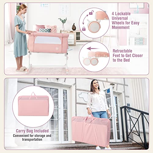 GLACER 3 in 1 Baby Bassinet, Portable Bedside Sleeper w/ Cradle Mode, Removable Mattress, Adjustable Height, Storage Pockets & Lockable Wheels, Newborn Infant Travel Crib Bed w/ Carry Bag, Pink