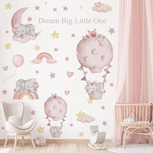 dream big little one elephant wall stickers pink hot air balloon stars wall decals baby girl room decor for nursery peel and stick wall decoration for bedroom