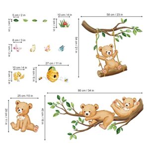 decalmile Woodland Bear Wall Decals Animal Tree Branch Wall Stickers Baby Nursery Kids Bedroom Living Room Wall Decor