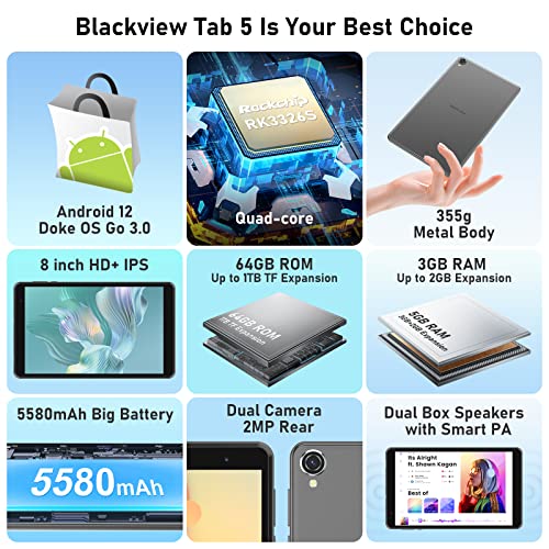 Blackview Tab 5 Tablets, 2023 Latest Tablet Android 12, Quad-Core 5GB(3+2) RAM 64GB ROM up to 1TB TF, 8 inch Tablet HD+ IPS 1280*800, Android Tablet 5580mAh Big Battery, Dual BOX Speakers WiFi, Gray