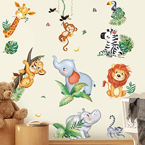 wondever Jungle Animals Wall Stickers Safari Animal Elephant Giraffe Lion Monkey Peel and Stick Wall Art Decals for Kids Bedroom Baby Nursery Door Decor