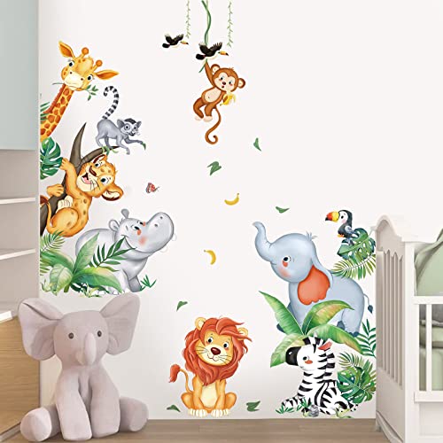 wondever Jungle Animals Wall Stickers Safari Animal Elephant Giraffe Lion Monkey Peel and Stick Wall Art Decals for Kids Bedroom Baby Nursery Door Decor