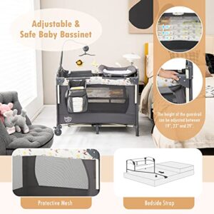 GLACER 4-in-1 Baby Bedside Bassinet w/ Safety Strap, Angle-Adjustable Baby Bedside Sleeper w/ Lockable Wheels, Changing Table, Storage Bag, Music Box & Toys, Foldable Baby Playpen for 0-36 Months