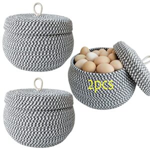 2 pcs cotton rope woven storage baskets easter egg basket with lid,handmake small round baskets for storage eggs fruit candy,toy organizers bin, decoration bins with lid for bathroom home decor (grey)