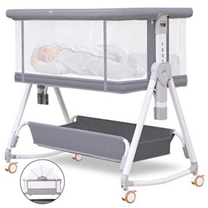 baby bassinet bedside sleeper for baby with wheels and storage basket ,all mesh portable bedside bassinet co sleeper for newborn /infant,7 height adjustable easy to assemble bedside crib（3 in 1，grey）