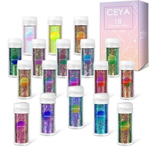 ceya chameleon chunky glitter set 18 colors, 6.3oz/180g color shift craft glitter powder color changing each 15ml iridescent flake sequin for epoxy resin, nail, phone case, party decor, jewelry making