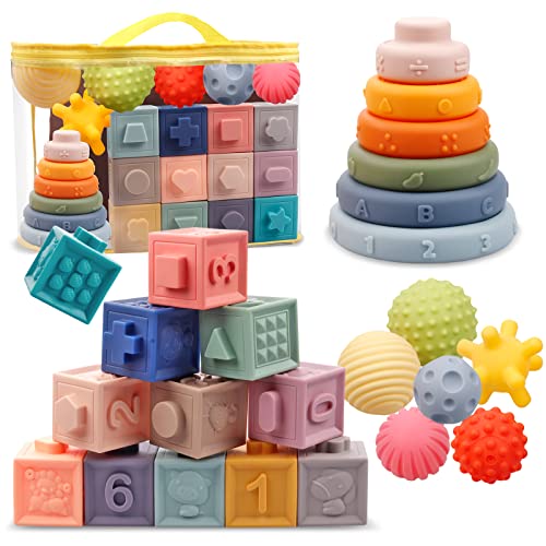 Montessori Toys for Babies,Soft Stacking Building Blocks Rings Balls Sets,3 in 1 Baby Toys Bundle,Sensory Toys for 6-12 Months, Soft Teething Toys for Babies,Baby Toys Shower Gifts for Boy Girl