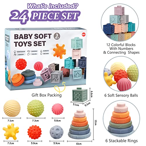 Montessori Toys for Babies,Soft Stacking Building Blocks Rings Balls Sets,3 in 1 Baby Toys Bundle,Sensory Toys for 6-12 Months, Soft Teething Toys for Babies,Baby Toys Shower Gifts for Boy Girl