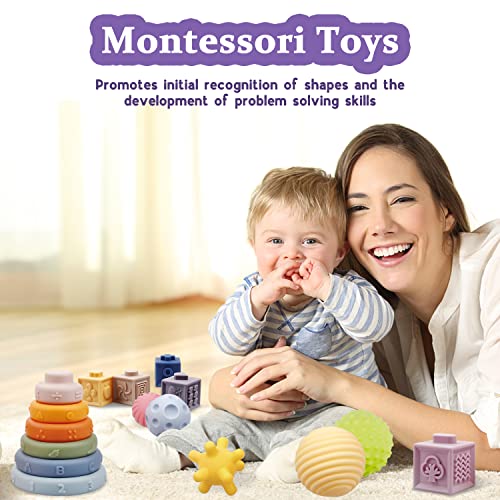 Montessori Toys for Babies,Soft Stacking Building Blocks Rings Balls Sets,3 in 1 Baby Toys Bundle,Sensory Toys for 6-12 Months, Soft Teething Toys for Babies,Baby Toys Shower Gifts for Boy Girl