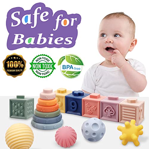 Montessori Toys for Babies,Soft Stacking Building Blocks Rings Balls Sets,3 in 1 Baby Toys Bundle,Sensory Toys for 6-12 Months, Soft Teething Toys for Babies,Baby Toys Shower Gifts for Boy Girl