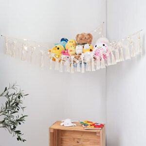 Isuesee Stuffed Animal Net or Hammock Macrame Toy Holder with String Lights Wall Mounted Hanging Corner Toys Storage Organizer Boho Decor for Nursery Kids Room