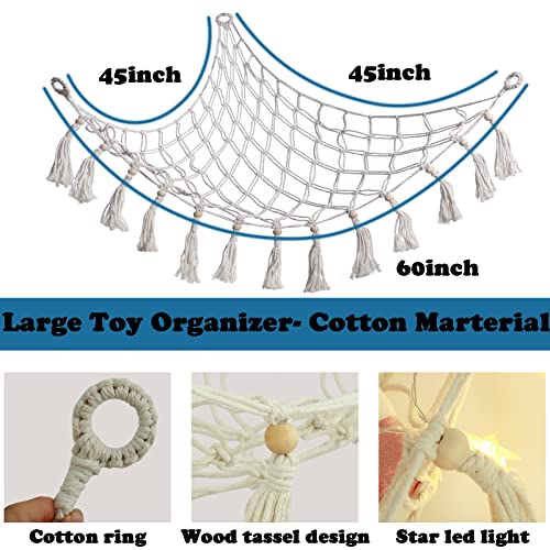 2 Pack Stuffed Animal Net or Hammock with Led Light stuffed animal hammock Boho Plush Stuffed Animal Holder Hanging Storage Nets Kids Bedroom, 45" x 45" x 60", White