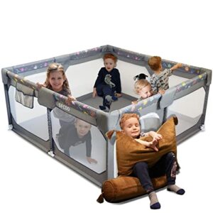 59" ×59"playard with gates,indoor baby playpen,detachable and assembled children fence, babies enclosure with cute pattern,small playground for kids, infant care playpin|light grey
