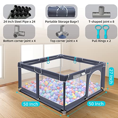 Tmsene Baby Playpen, Playard for Babies and Toddlers, Sturdy Safety Baby Fence with Breathable Mesh and Zipper Gates, Indoor & Outdoor Play Pens for Kids Activity Center (Grey)