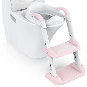 potty training toddler seat with double step ladder, babevy potty step stool for kids, foldable potty toilet seat with pu cushion, 6-leves height and wide anti-slip pad for baby boys girls, pink