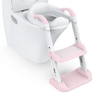 Potty Training Toddler Seat with Double Step Ladder, Babevy Potty Step Stool for Kids, Foldable Potty Toilet Seat with PU Cushion, 6-Leves Height and Wide Anti-Slip Pad for Baby Boys Girls, Pink