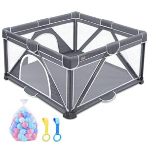 foldable baby playpen, yobear large playpen for babies and toddlers with 50 pcs ocean balls & 2 handles, indoor & outdoor kids safety play pen area, portable travel play yard (50"×50")