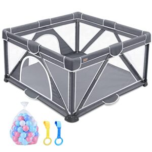 Foldable Baby Playpen, Yobear Large Playpen for Babies and Toddlers with 50 PCS Ocean Balls & 2 Handles, Indoor & Outdoor Kids Safety Play Pen Area, Portable Travel Play Yard (50"×50")