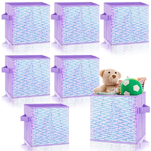 6 Pcs Foldable Sequin Storage Basket Bin 10 Inch Large Fabric Storage Cubes Storage Bin Closet Bins Nursery Bins Shelf Baskets Kids Toys Organizer Boxes for Nursery Home Bedroom Drawer (Purple)