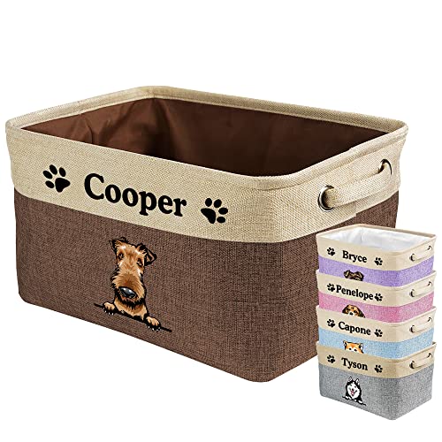 MALIHONG Custom Dog Basket for Toys Collapsible Storage Bin Grey Brow Pink Purple Blue Rectangular Pet Storage Organizer Box with Handles Medium Customized Name & Dog Breed