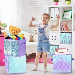 6 Pcs Foldable Sequin Storage Basket Bin 10 Inch Large Fabric Storage Cubes Storage Bin Closet Bins Nursery Bins Shelf Baskets Kids Toys Organizer Boxes for Nursery Home Bedroom Drawer (Purple)