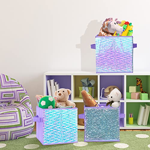 6 Pcs Foldable Sequin Storage Basket Bin 10 Inch Large Fabric Storage Cubes Storage Bin Closet Bins Nursery Bins Shelf Baskets Kids Toys Organizer Boxes for Nursery Home Bedroom Drawer (Purple)